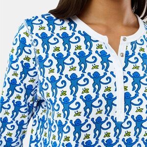 Roller Rabbit Classic Monkey Pattern long Sleeve Henley Tunic in Blue & White.